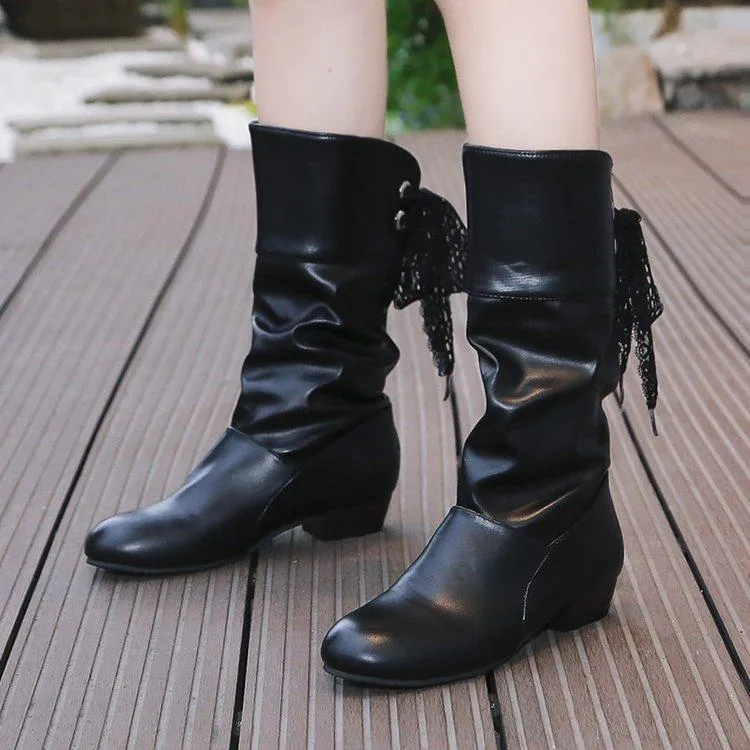 Women back lace-up mid calf slouch boots
