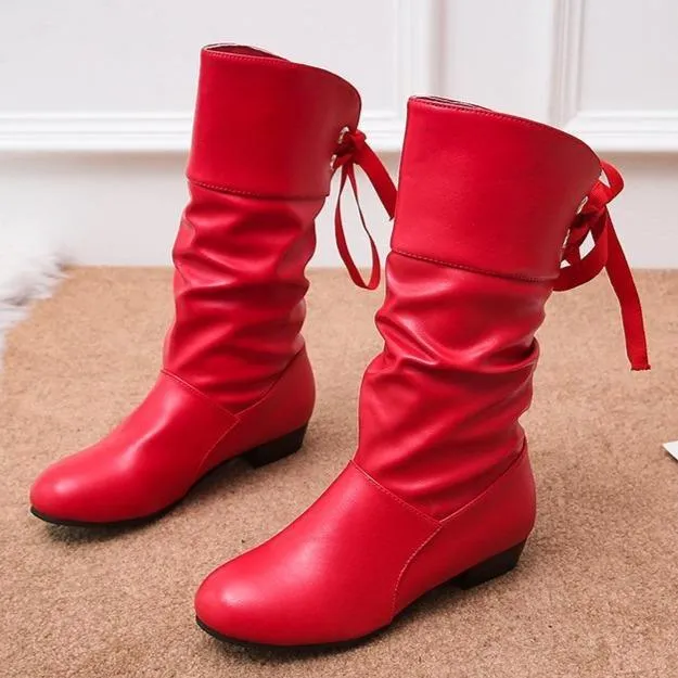 Women back lace-up mid calf slouch boots