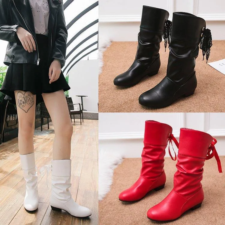 Women back lace-up mid calf slouch boots