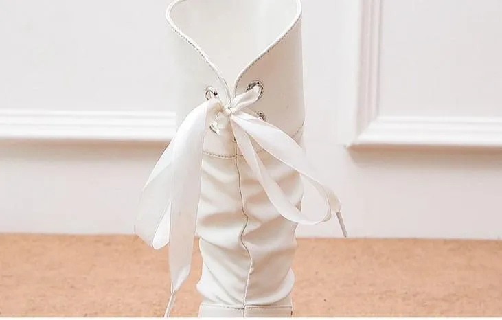 Women back lace-up mid calf slouch boots