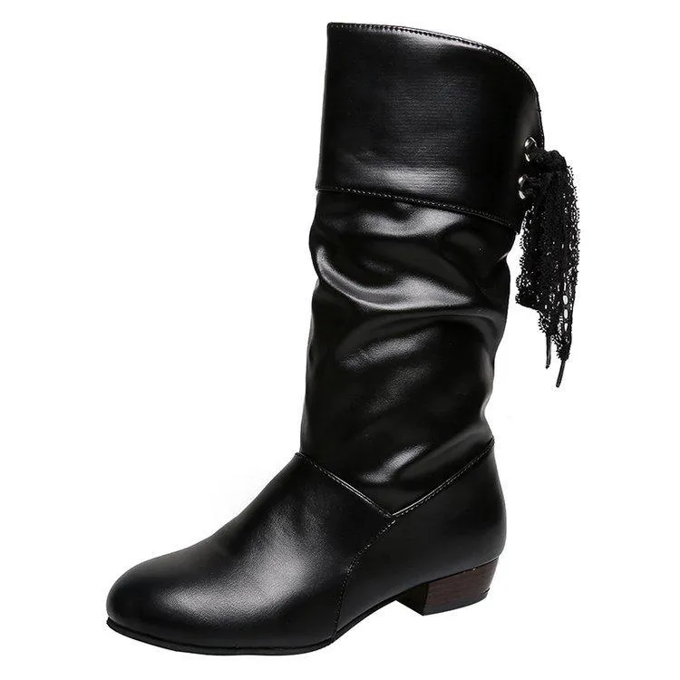 Women back lace-up mid calf slouch boots