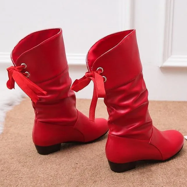 Women back lace-up mid calf slouch boots
