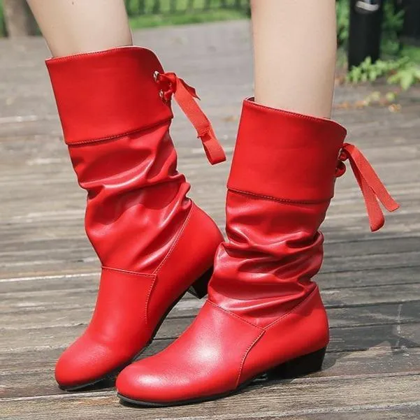 Women back lace-up mid calf slouch boots