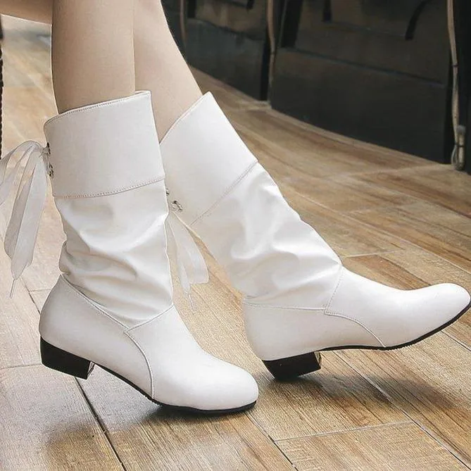 Women back lace-up mid calf slouch boots