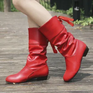 Women back lace-up mid calf slouch boots