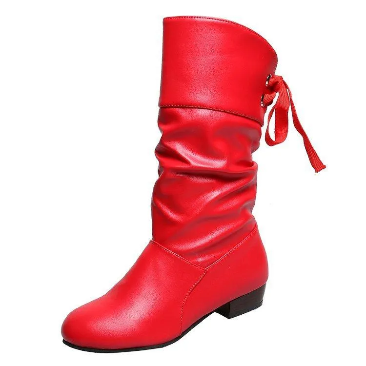 Women back lace-up mid calf slouch boots
