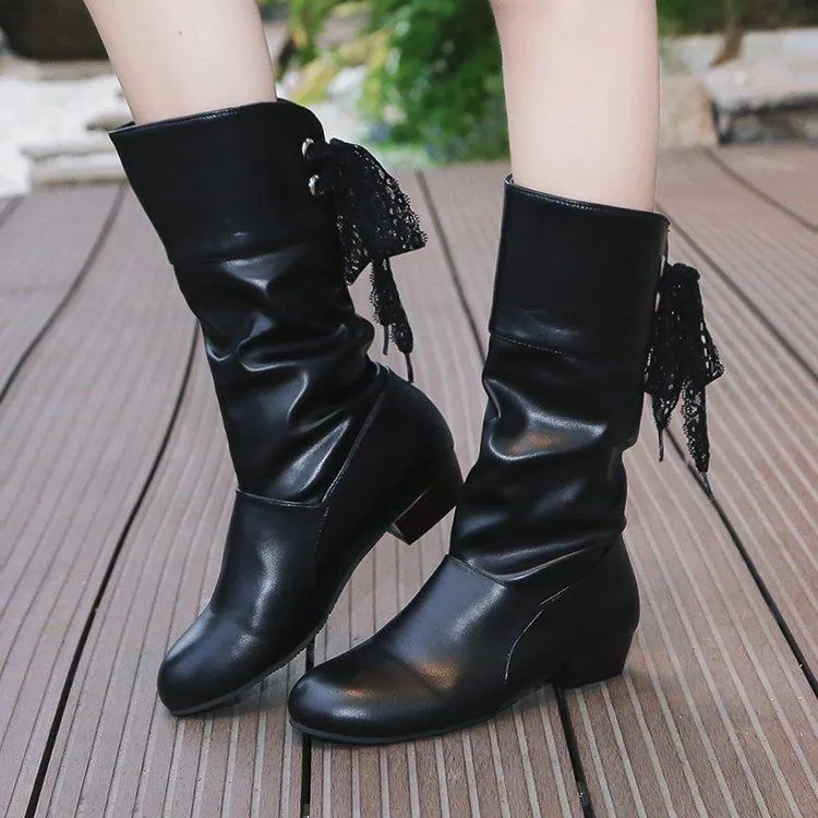 Women back lace-up mid calf slouch boots