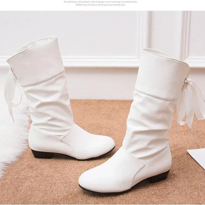 Women back lace-up mid calf slouch boots