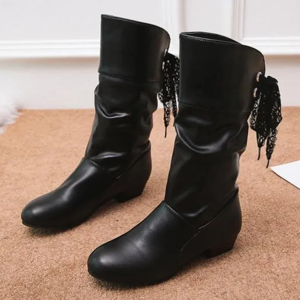 Women back lace-up mid calf slouch boots
