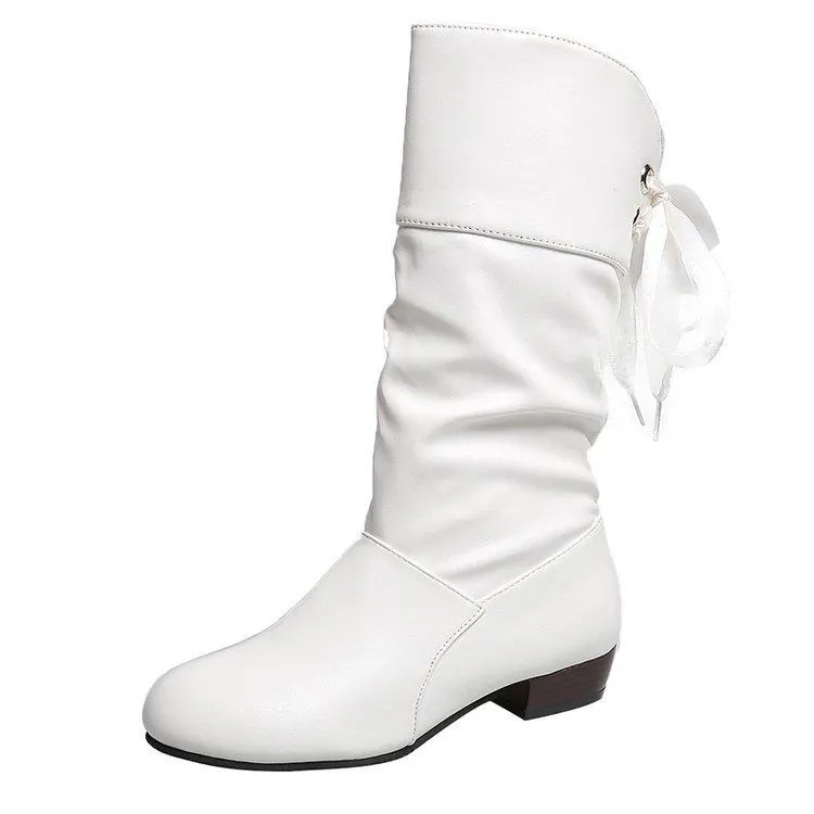 Women back lace-up mid calf slouch boots