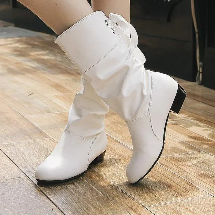 Women back lace-up mid calf slouch boots