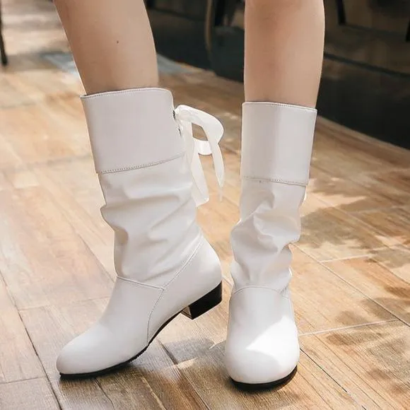 Women back lace-up mid calf slouch boots