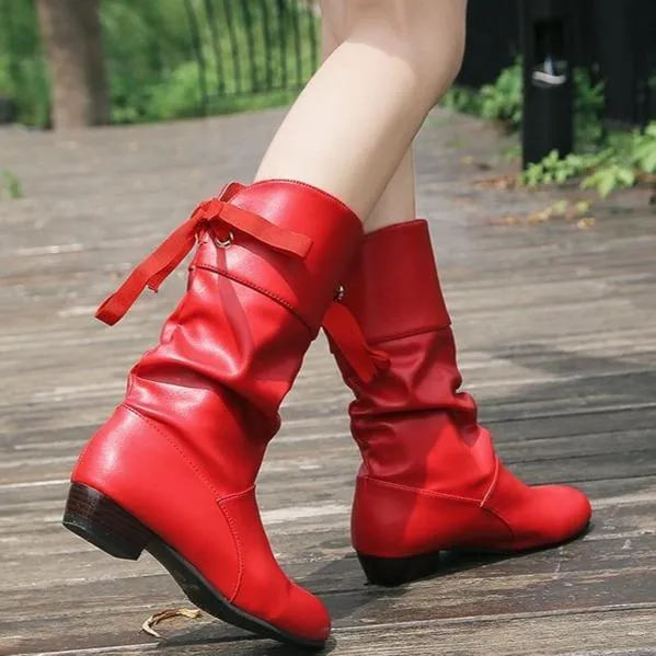 Women back lace-up mid calf slouch boots