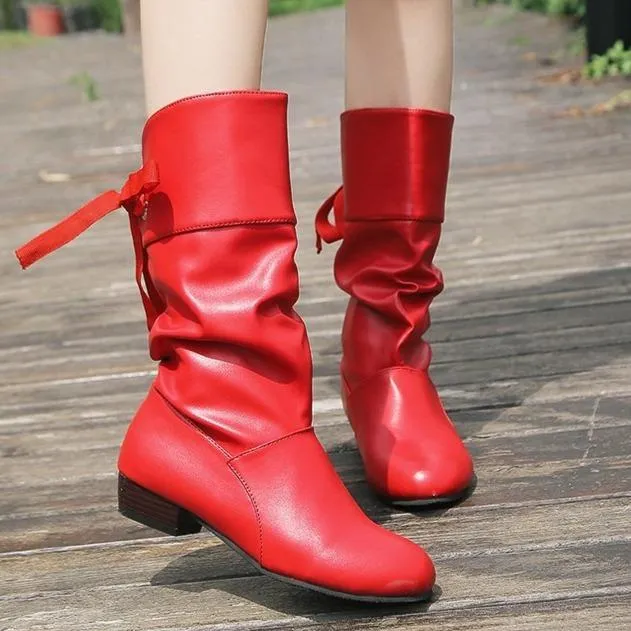 Women back lace-up mid calf slouch boots