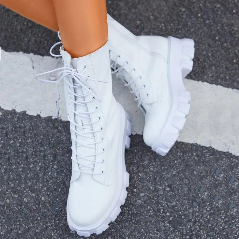 Women's chunky platform lace-up boots round toe mid calf combat boots