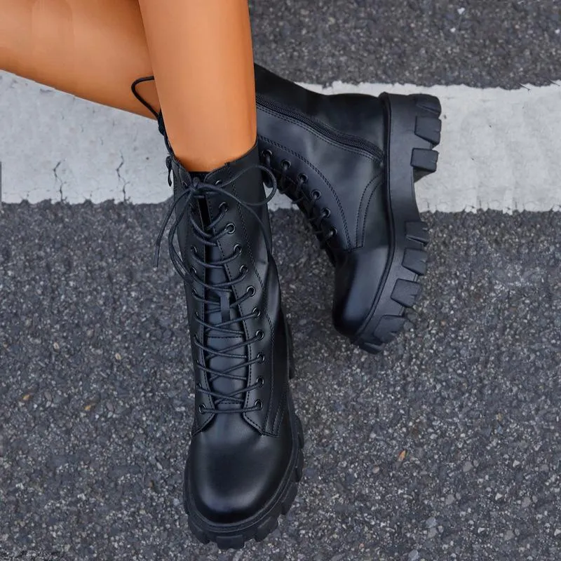 Women's chunky platform lace-up boots round toe mid calf combat boots