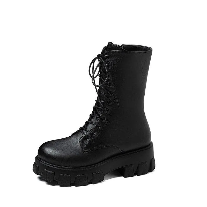 Women's chunky platform lace-up boots round toe mid calf combat boots