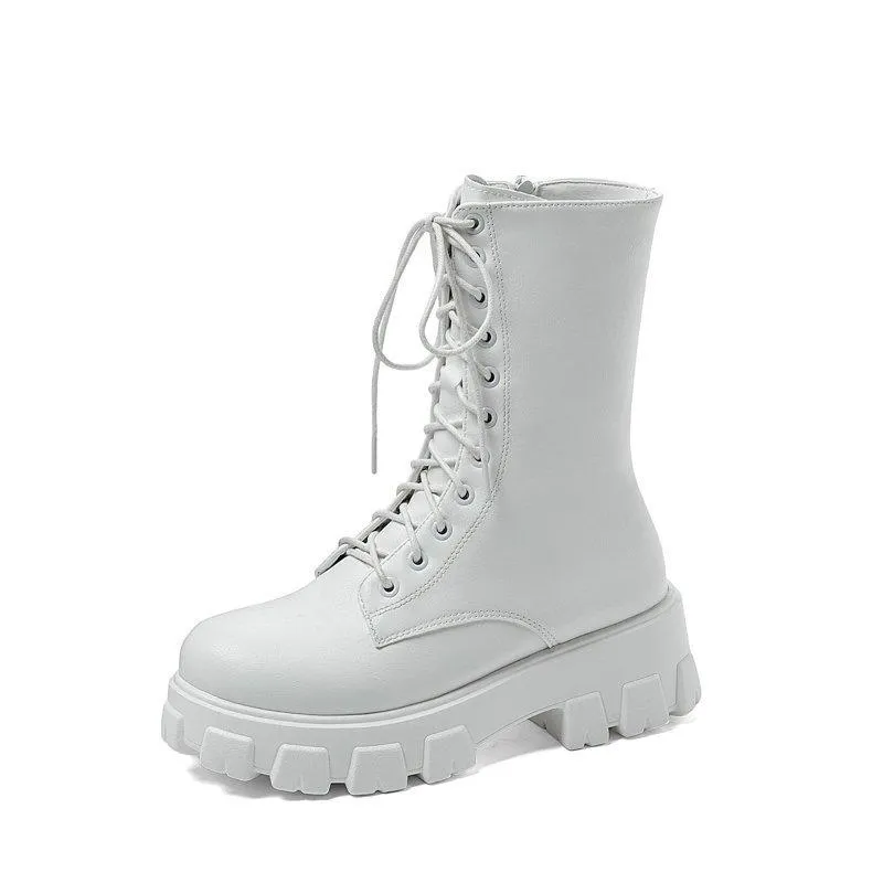 Women's chunky platform lace-up boots round toe mid calf combat boots