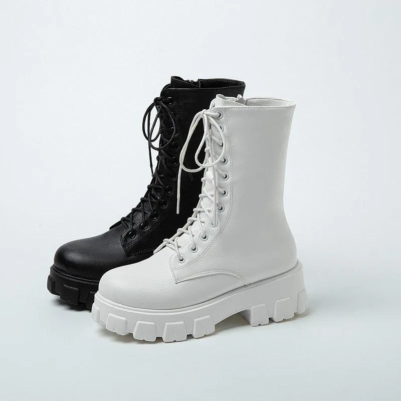 Women's chunky platform lace-up boots round toe mid calf combat boots