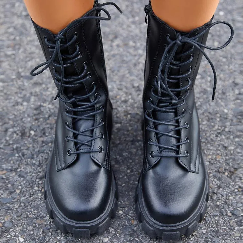 Women's chunky platform lace-up boots round toe mid calf combat boots