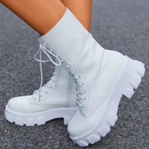 Women's chunky platform lace-up boots round toe mid calf combat boots