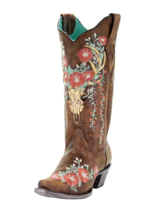 Women's Corral Tan Deer Skull Overlay and Floral Embroidered Boots A3652