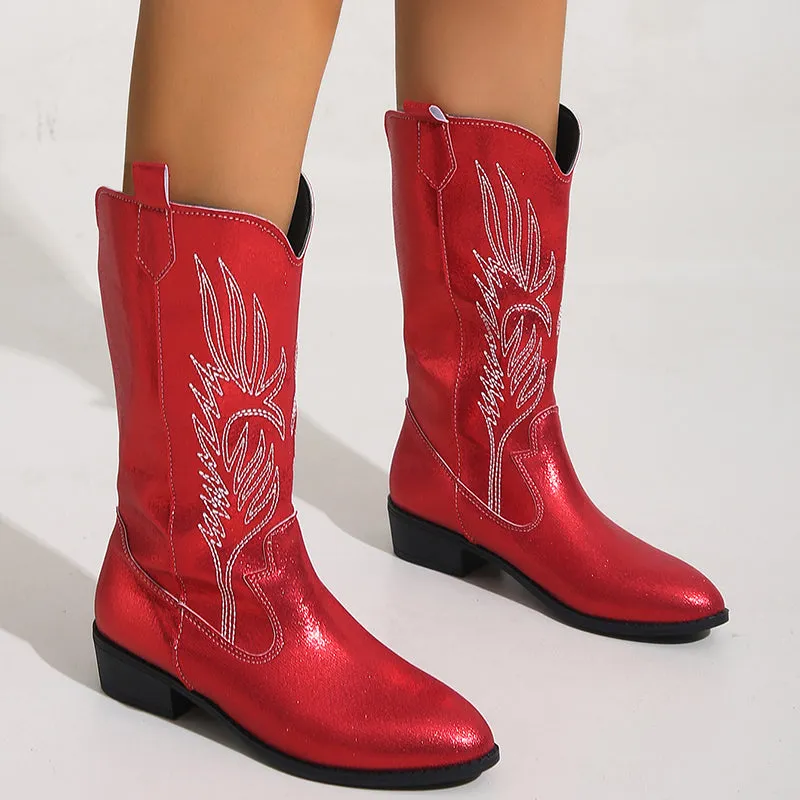 Women's embroidered metallic shiny cowboy boots