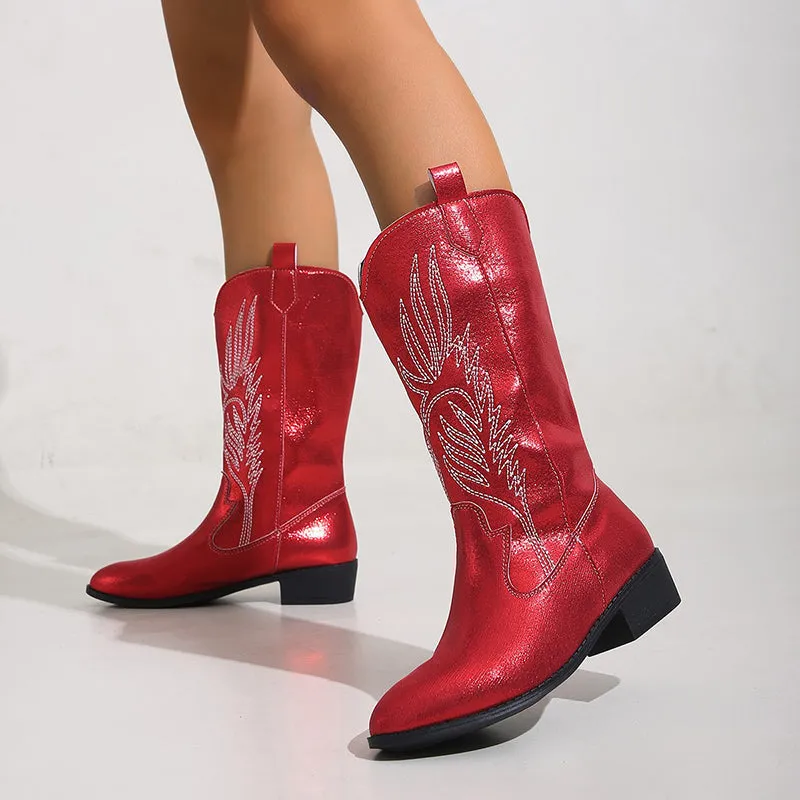 Women's embroidered metallic shiny cowboy boots